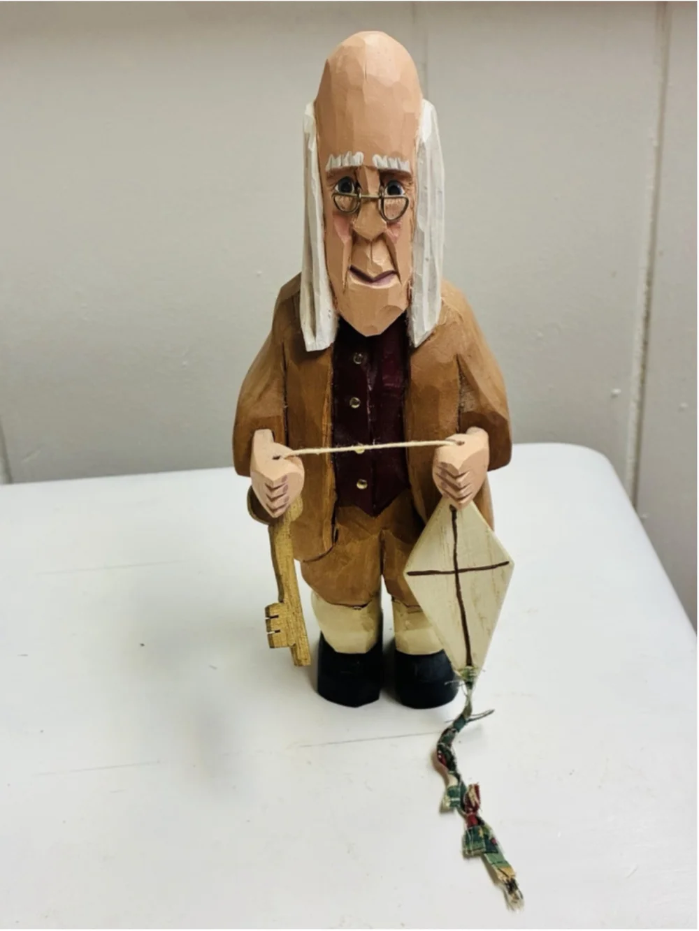 2000 Vintage Folk Art Wood Carved Ben Franklin John & Gloria Broniak 8” SIGNED